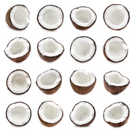 Set with halves of fresh ripe coconuts on white background