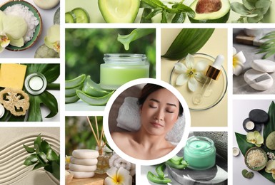 Beauty and health care, collage. Photo of woman relaxing in spa salon, different supplies and products