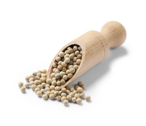Aromatic spice. Many peppercorns in scoop isolated on white