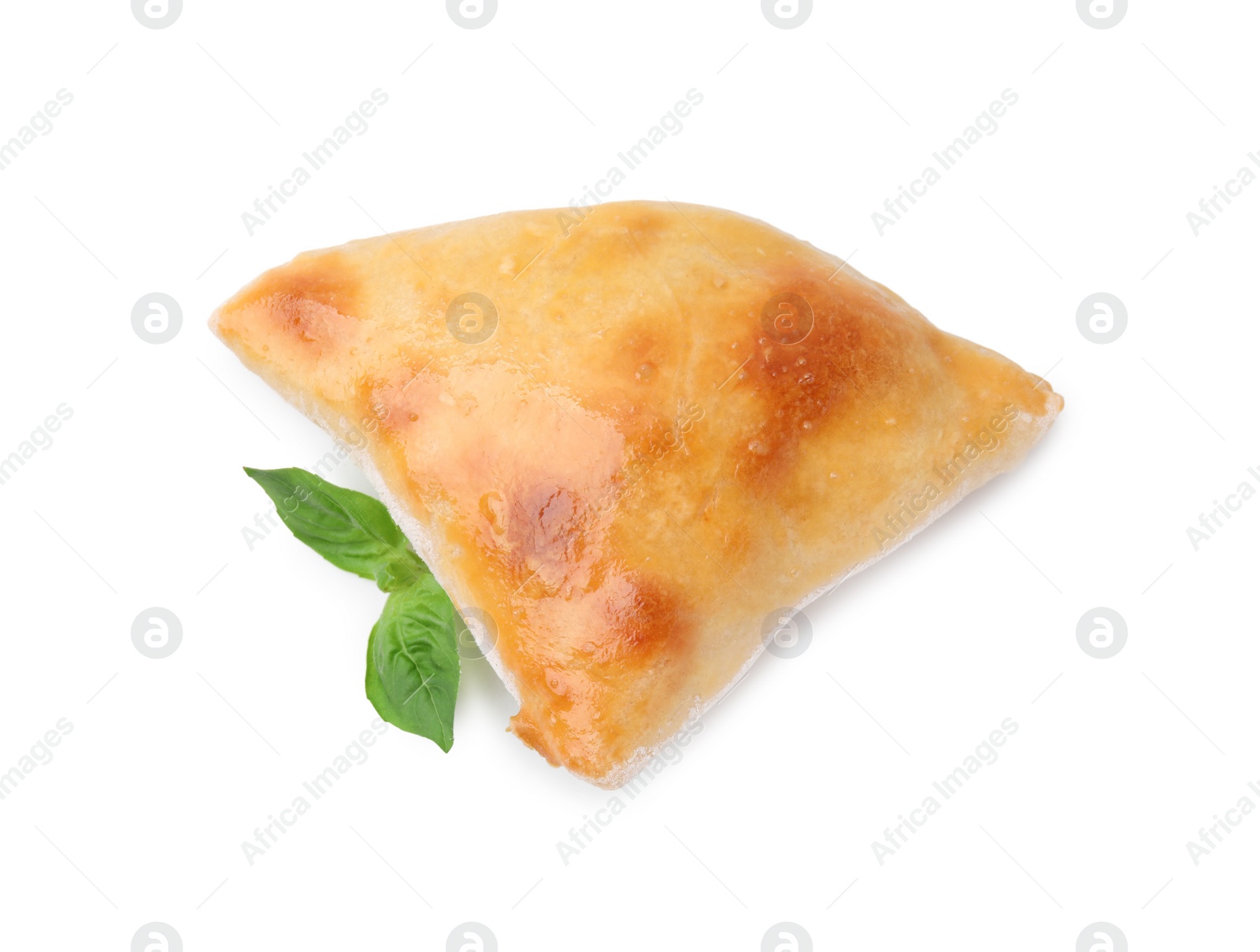 Photo of Delicious samosa and basil isolated on white, top view