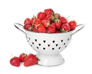 Photo of Colander with fresh strawberries isolated on white