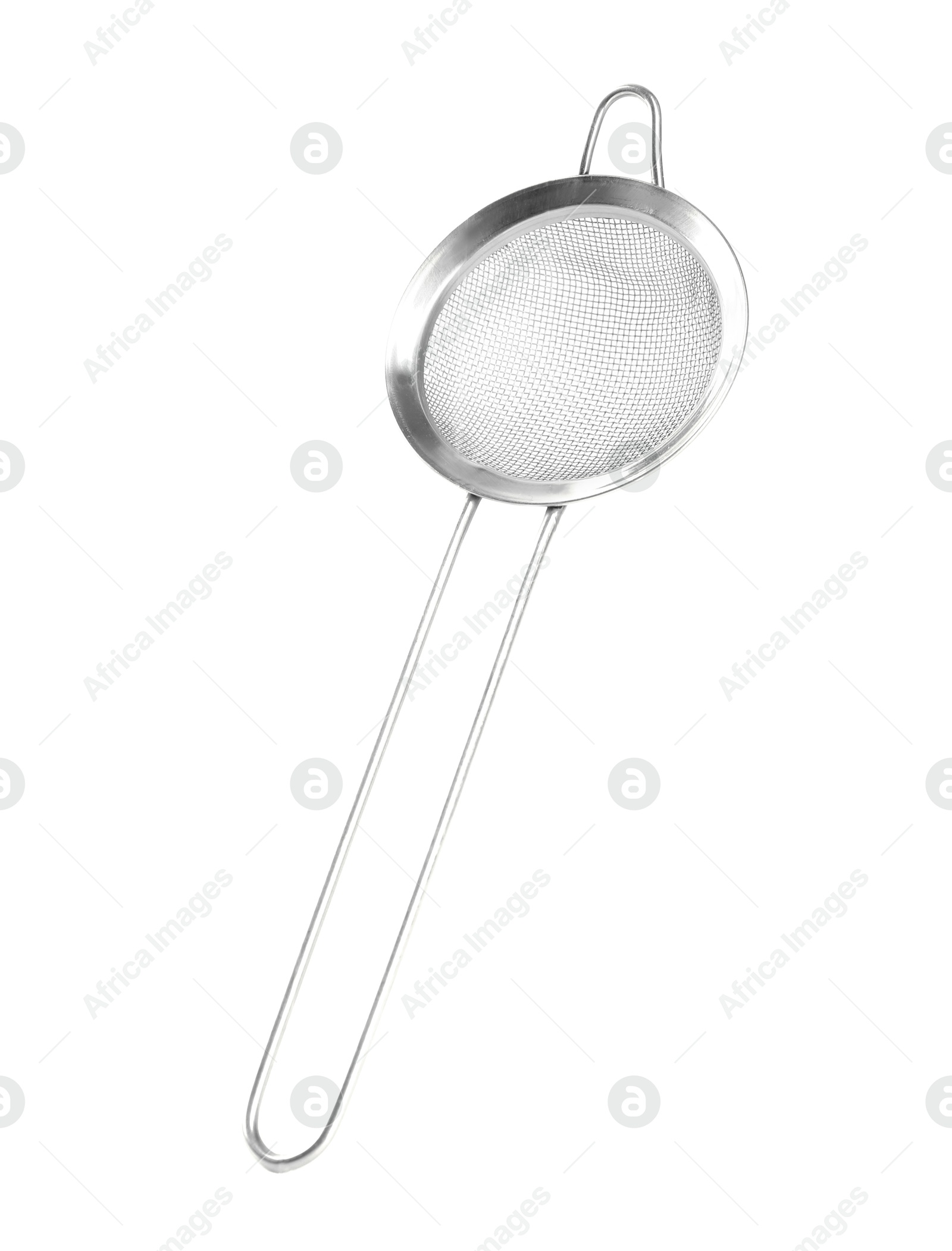 Photo of One metal sieve isolated on white. Kitchen utensil
