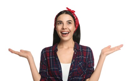 Photo of Fashionable young woman in stylish outfit with bandana on white background