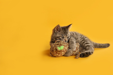 Photo of Cute tabby kitten with toy on yellow background, space for text. Baby animal