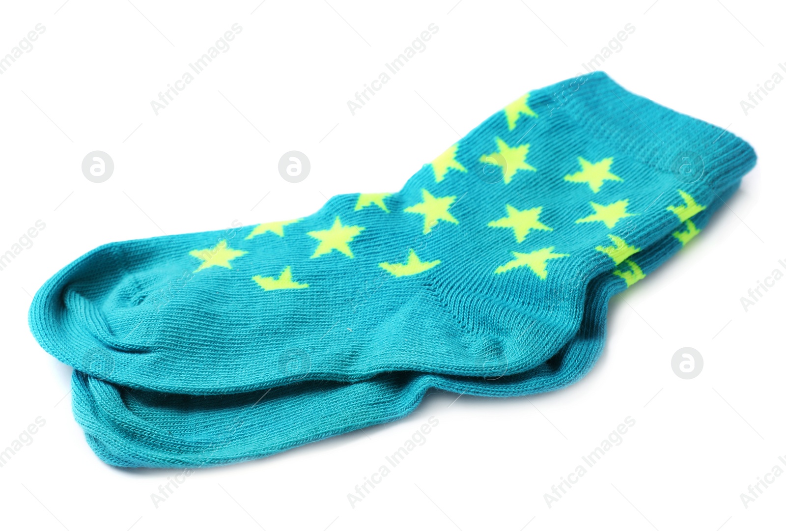 Photo of Pair of cute child socks on white background
