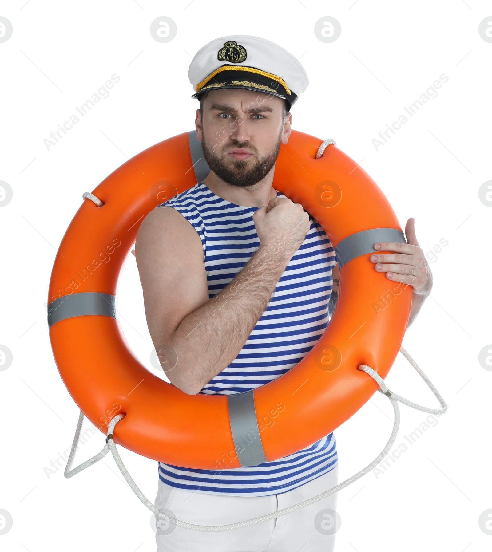 Photo of Young sailor with ring buoy on white background