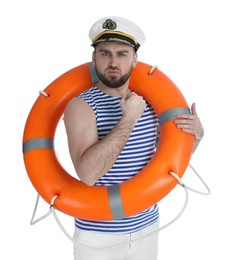 Photo of Young sailor with ring buoy on white background