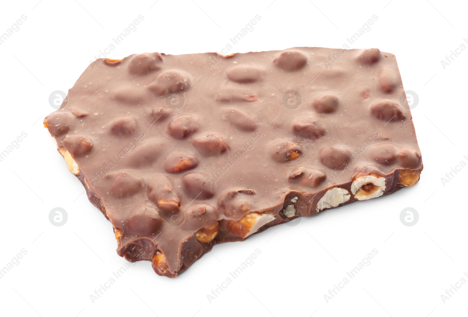 Photo of Delicious milk chocolate with nuts on white background