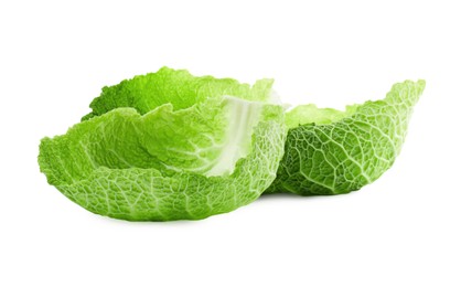 Fresh leaves of savoy cabbage on white background