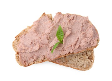 Photo of Delicious liverwurst sandwich with basil isolated on white, top view