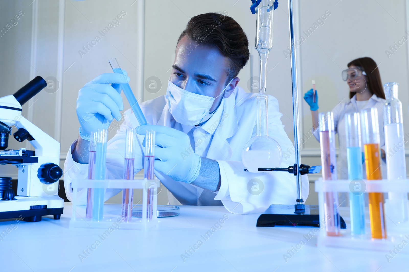 Photo of Scientist taking test tube from rack indoors. Laboratory analysis