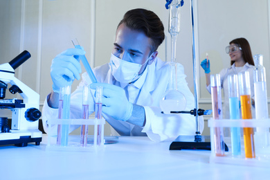 Scientist taking test tube from rack indoors. Laboratory analysis