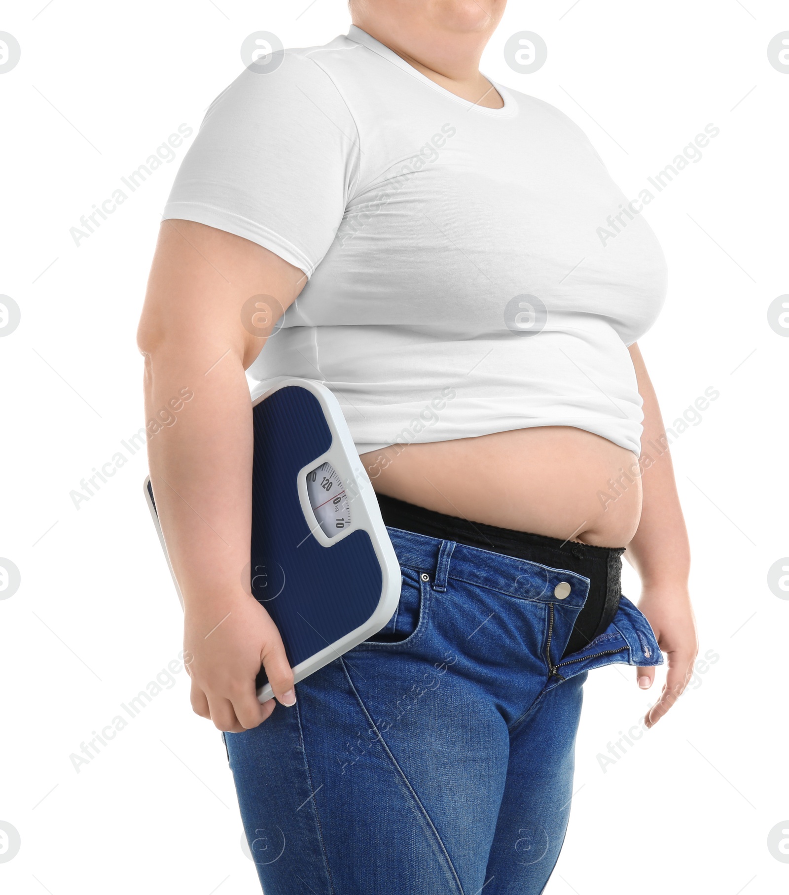 Photo of Overweight woman with scales on white background