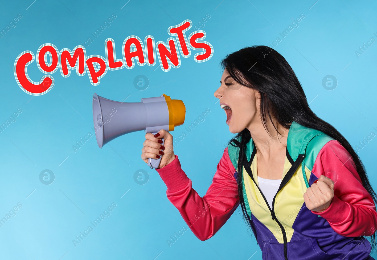 Image of Emotional woman with megaphone and word Complaints on light blue background