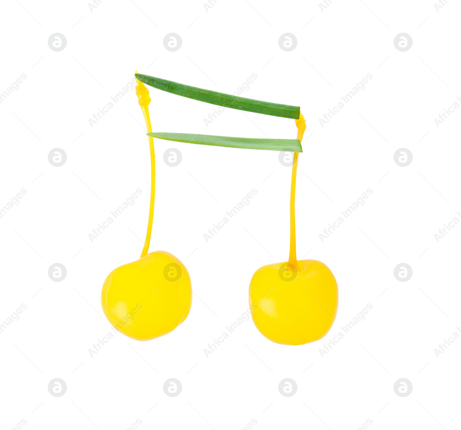 Photo of Musical note made of onion and cocktail cherries on white background, top view