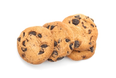 Pile of tasty chocolate chip cookies on white background