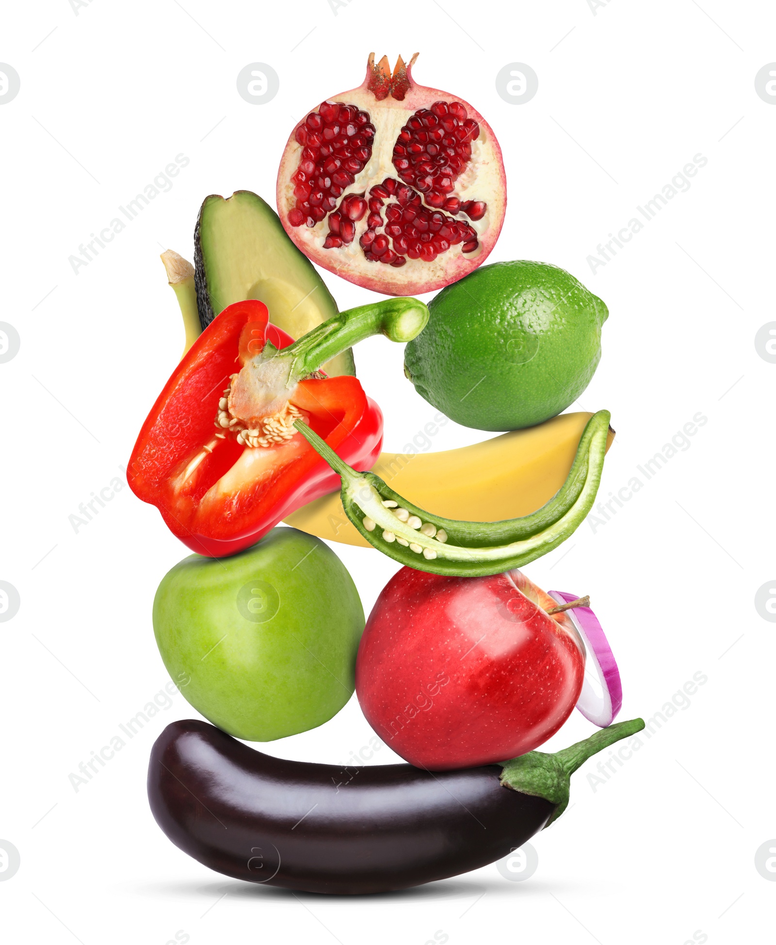 Image of Stack of different vegetables and fruits isolated on white