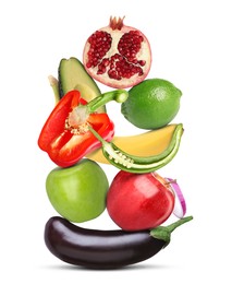 Stack of different vegetables and fruits isolated on white