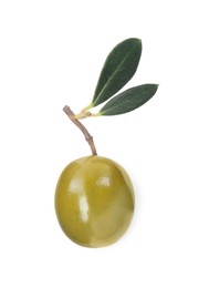 Photo of Delicious fresh green olive with leaves on white background