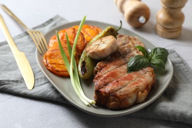 Delicious grilled meat and vegetables served on light grey table, closeup