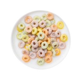 Photo of Tasty colorful cereal rings and milk in bowl on white background, top view