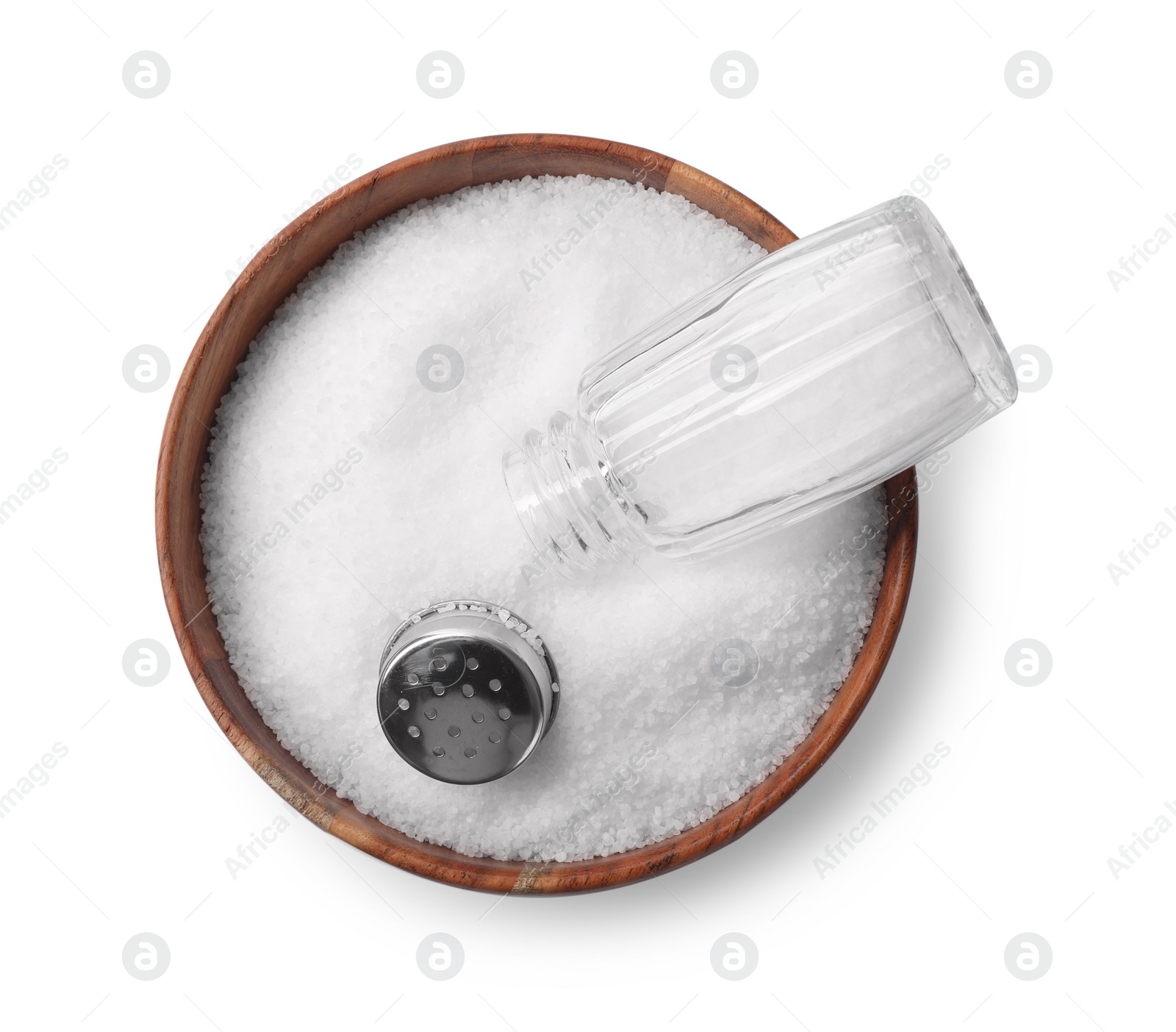 Photo of Natural salt and shaker in bowl isolated on white, top view