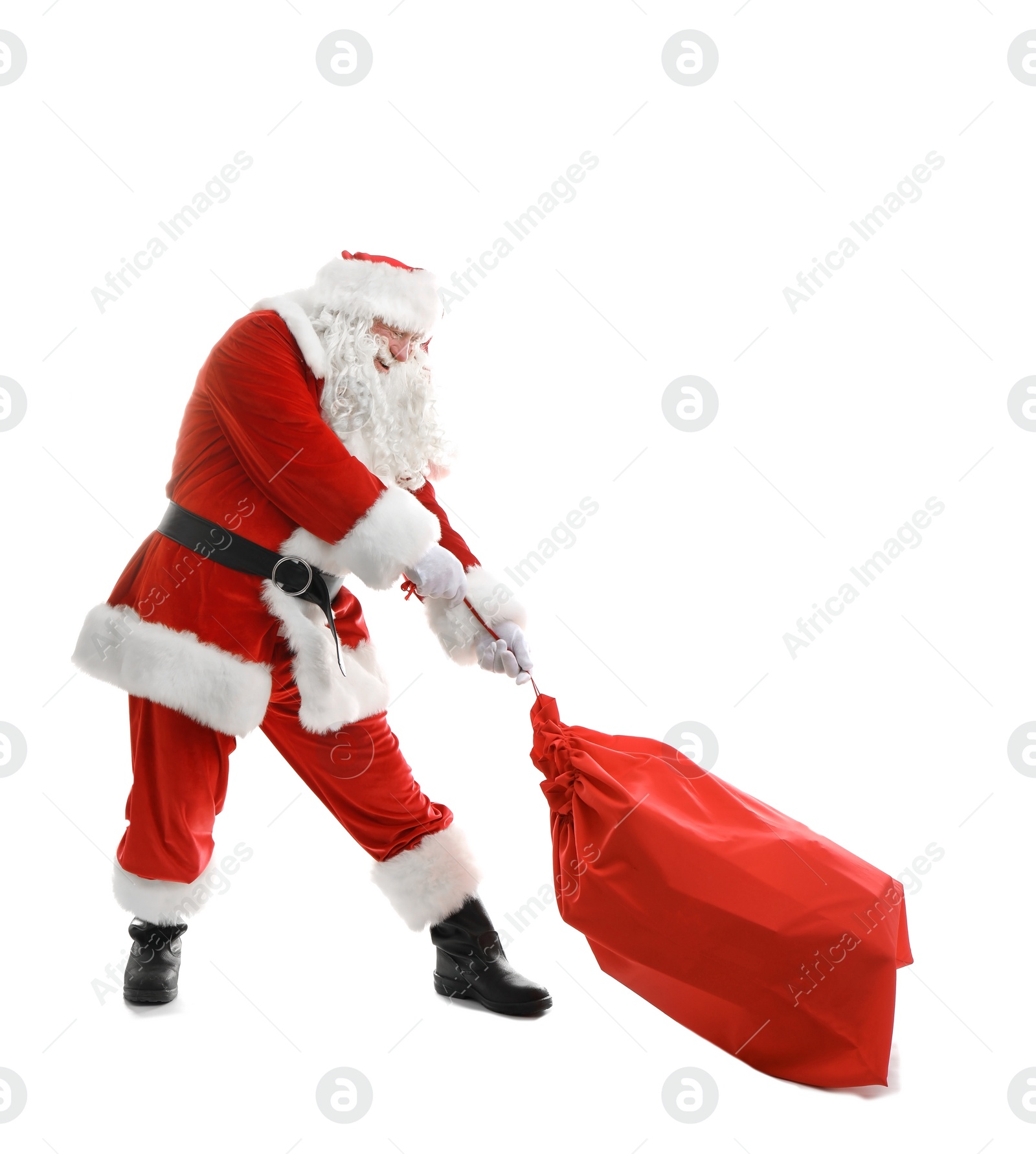 Photo of Authentic Santa Claus with red bag full of gifts on white background