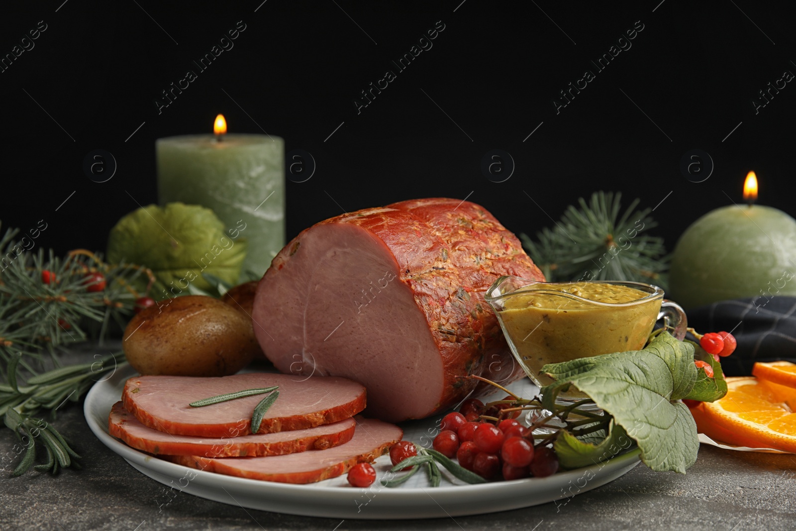 Photo of Delicious ham served on table. Christmas dinner