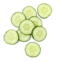 Photo of Pile of fresh cut cucumber isolated on white, top view