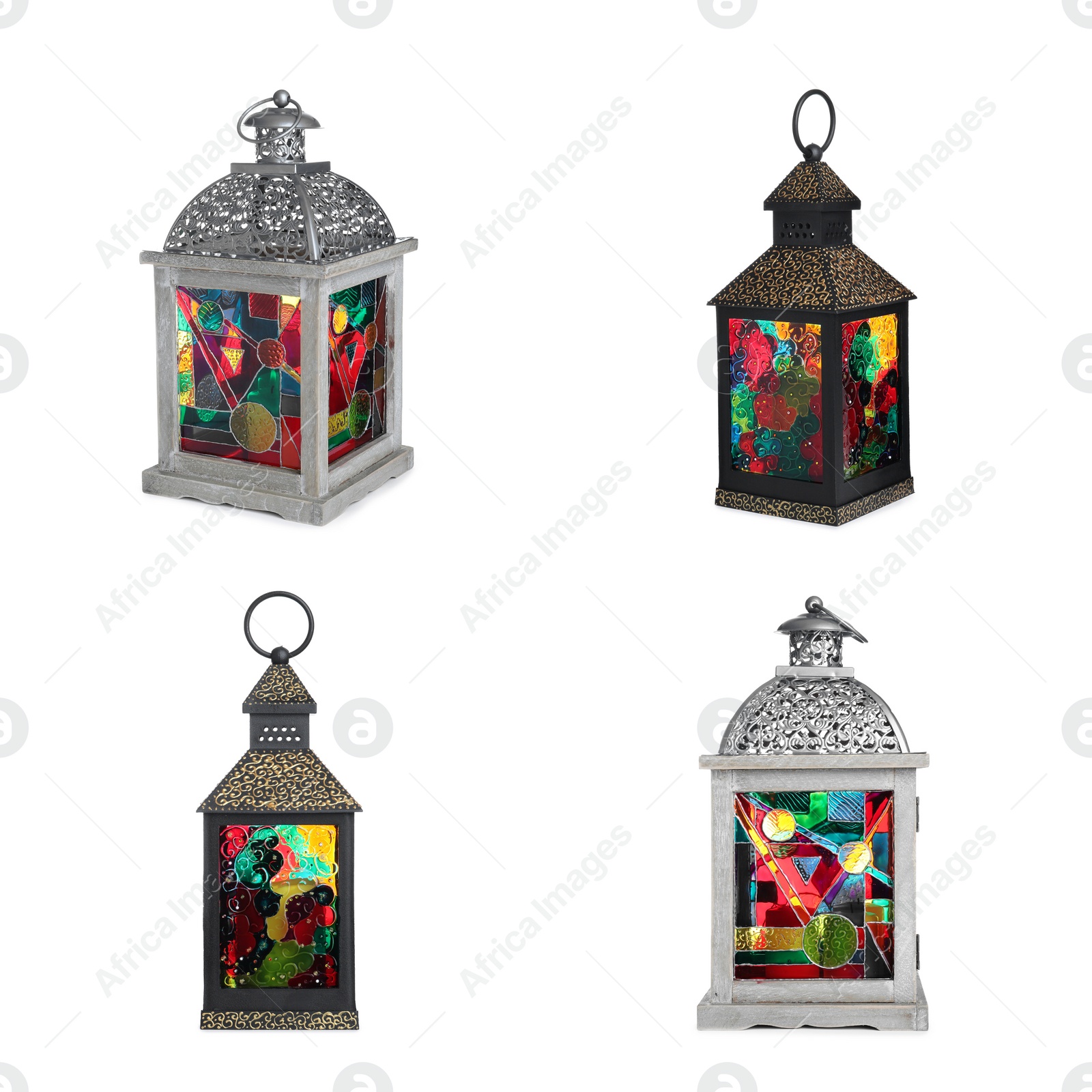 Image of Set with different traditional Arabic lanterns on white background