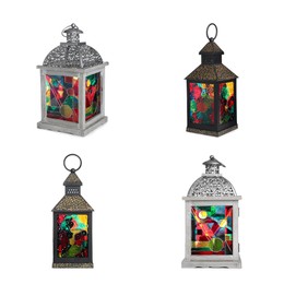 Image of Set with different traditional Arabic lanterns on white background