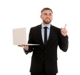 Photo of Happy young businessman holding laptop on white background