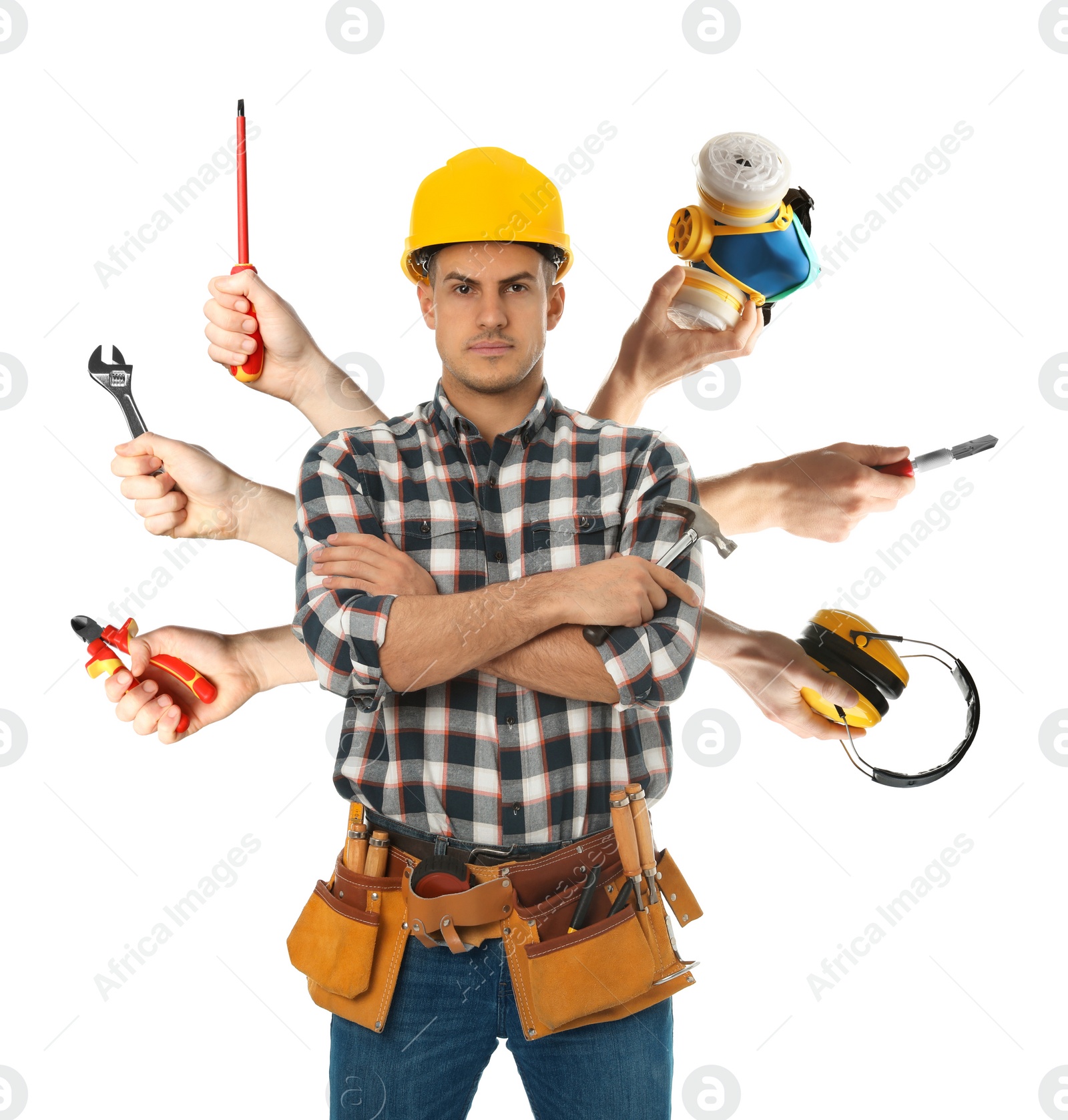 Image of Multitasking concept. Handyman with different tools on white background