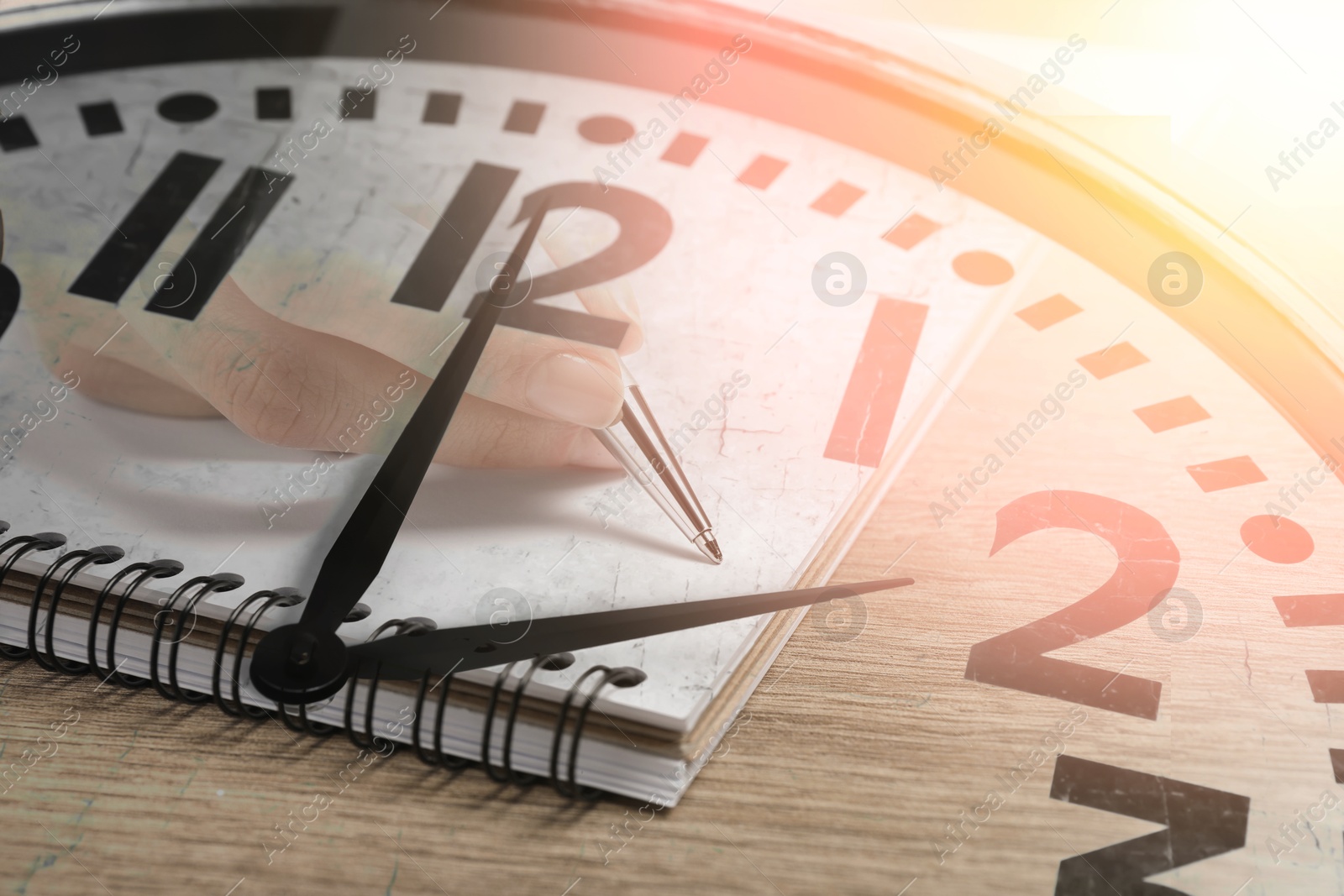 Image of Woman and clock, double exposure. Time concept