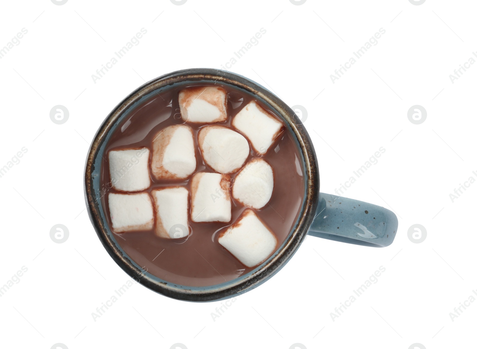 Photo of Cup of delicious hot chocolate with marshmallows isolated on white, top view