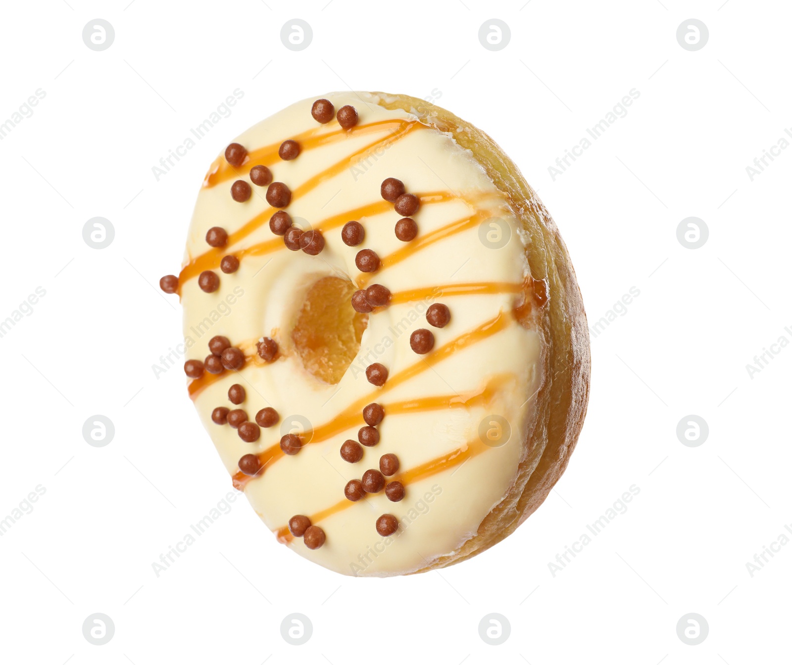 Photo of Sweet tasty glazed donut with crispy balls isolated on white