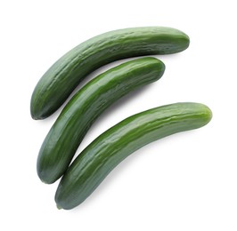 Whole fresh green cucumbers isolated on white, top view