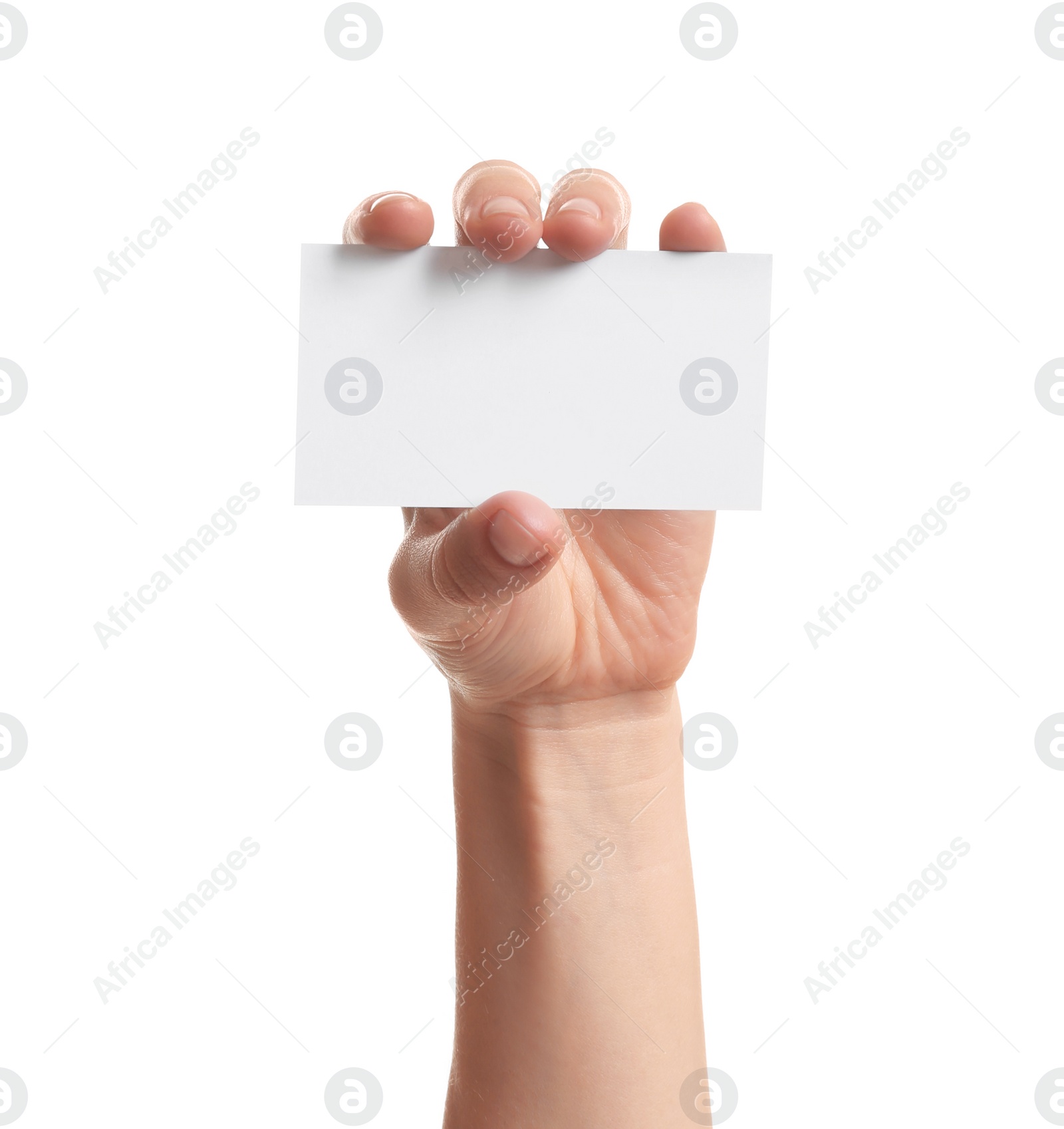 Photo of Woman holding empty business card isolated on white, closeup