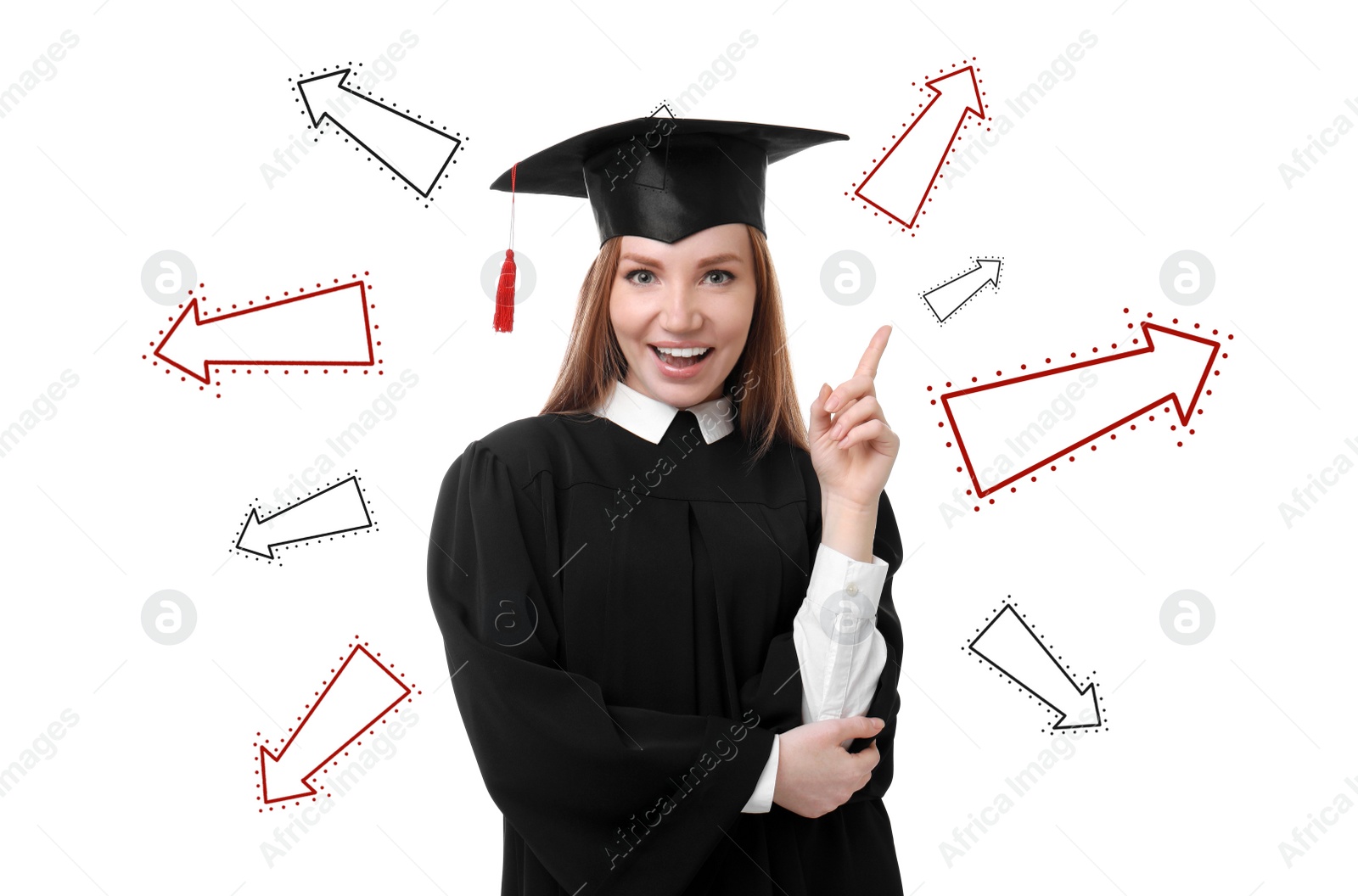 Image of Choice in profession or other areas of life, concept. Making decision, emotional young graduate surrounded by drawn arrows on white background