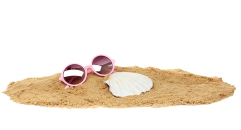 Photo of Composition with beach objects on white background