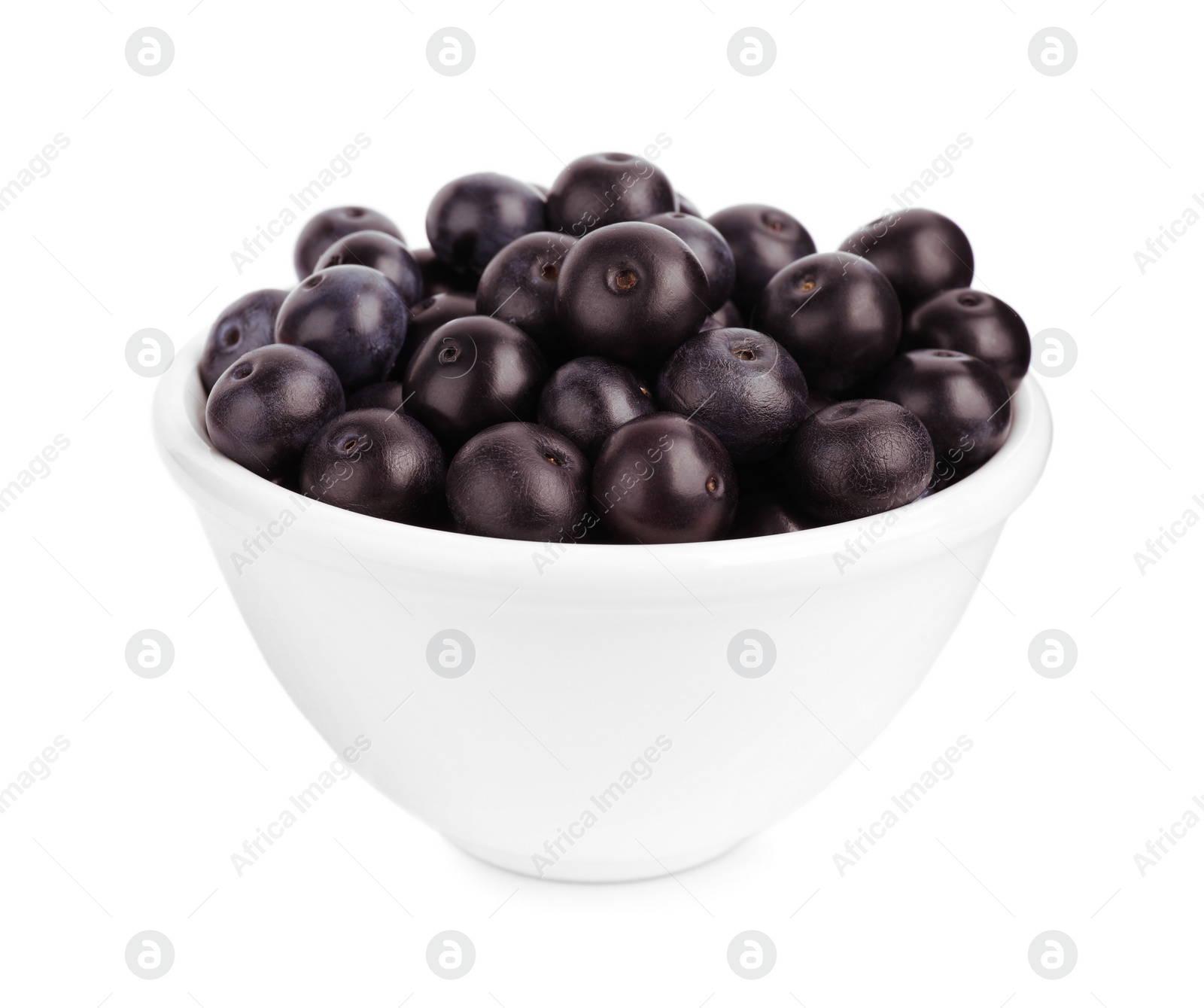 Photo of Ceramic bowl with fresh acai berries on white background