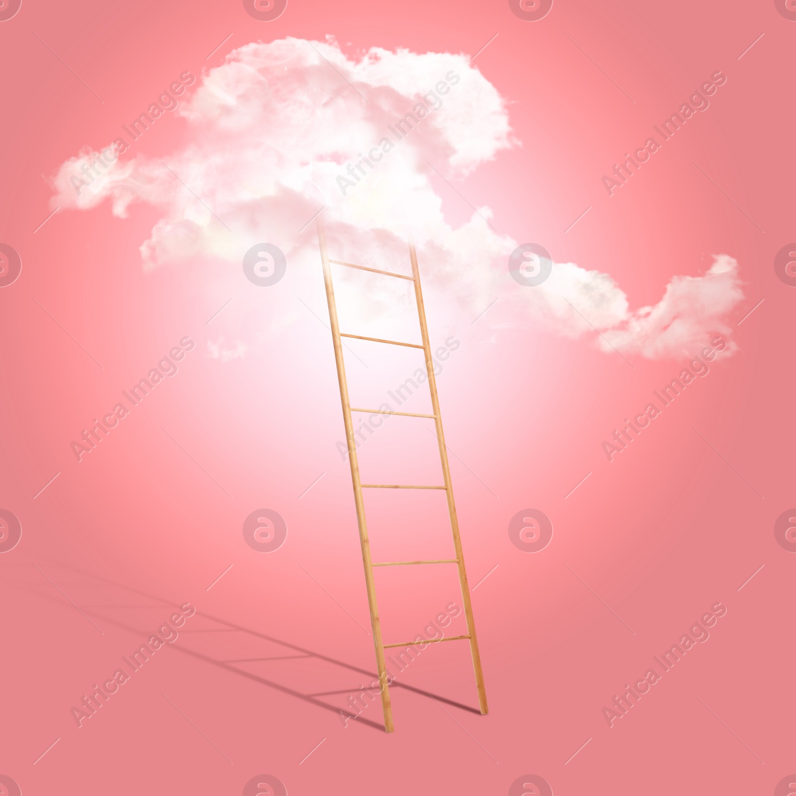 Image of Wooden ladder leading to white cloud on pink background. Concept of growth and development