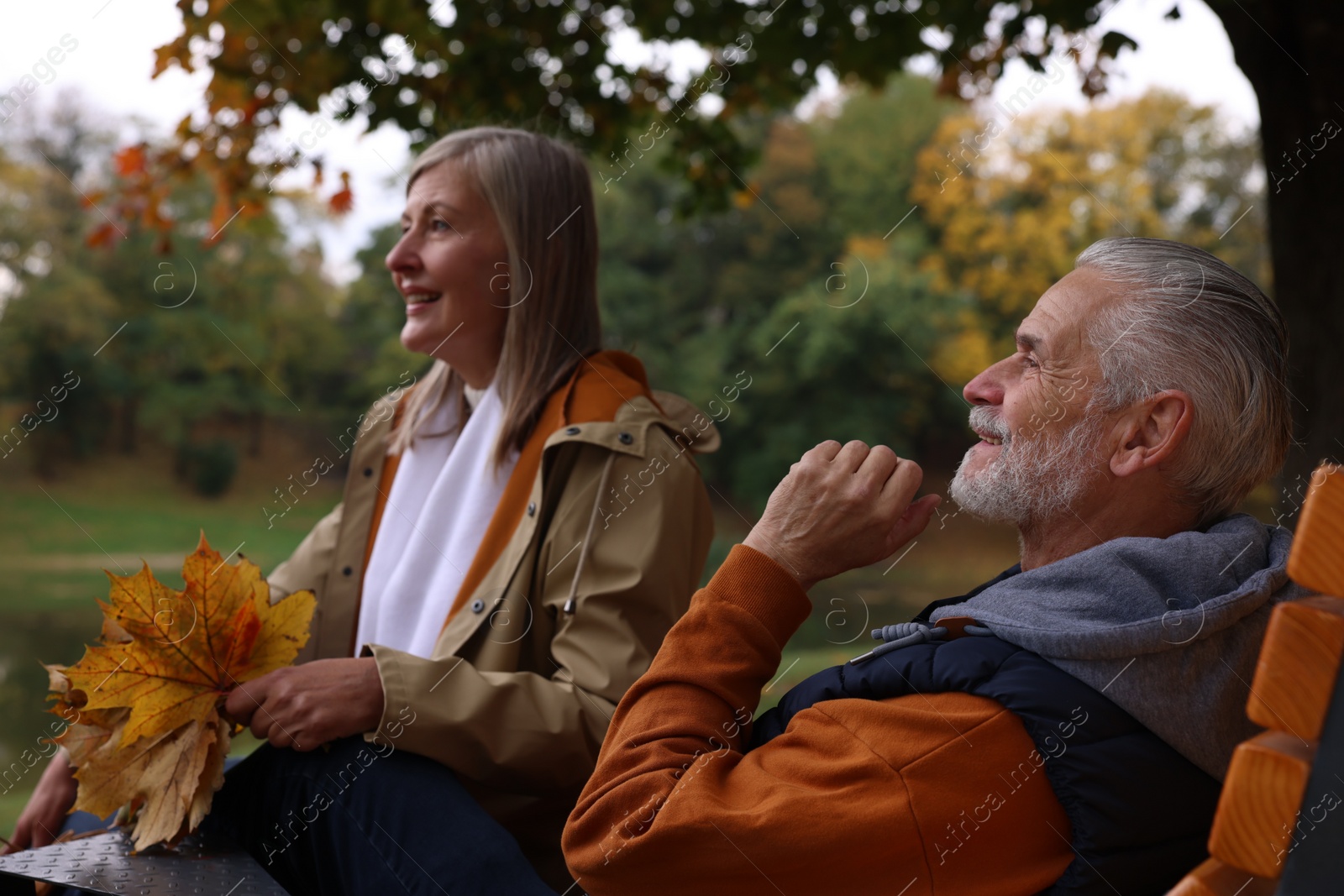 Photo of Affectionate senior couple with dry leaves in autumn park