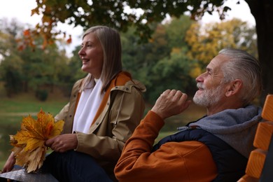Affectionate senior couple with dry leaves in autumn park