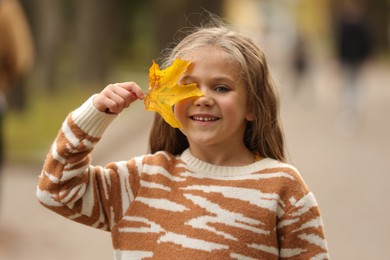 Portrait of happy girl covering face with autumn dry leaf outdoors