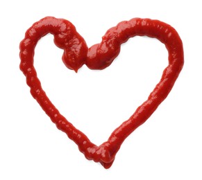 Photo of Heart shaped frame made of tasty ketchup on white background, top view. Space for text