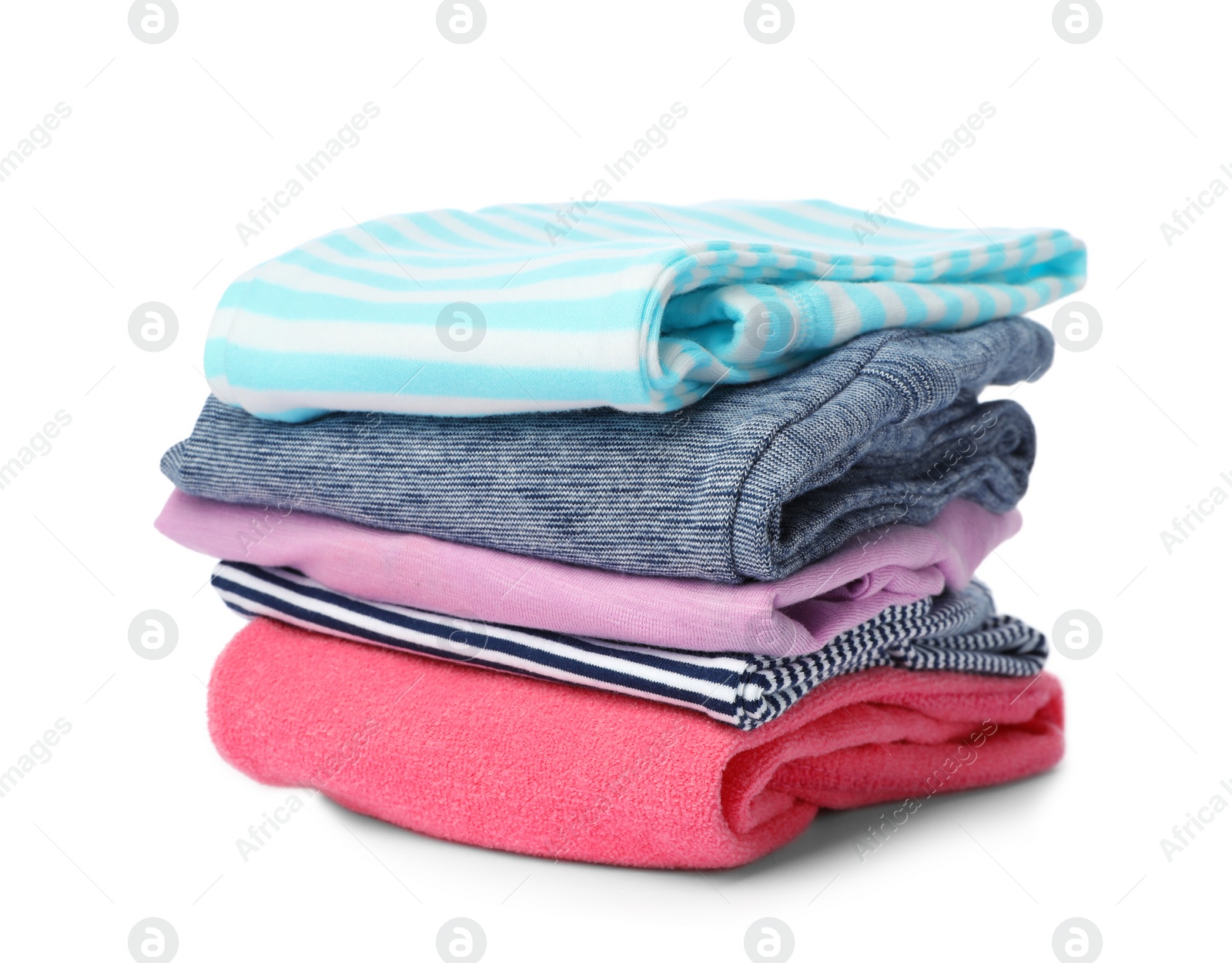 Photo of Stack of colorful children's clothes on white background