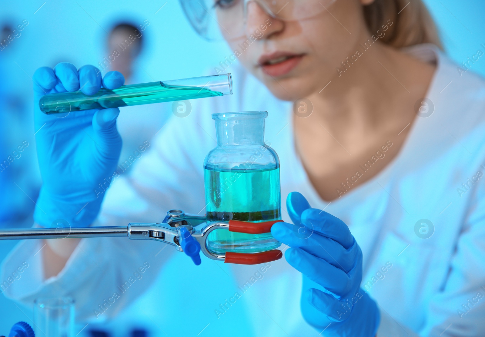 Photo of Medical student working in modern scientific laboratory, closeup