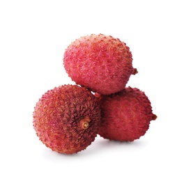Fresh ripe lychees on white background. Exotic fruit