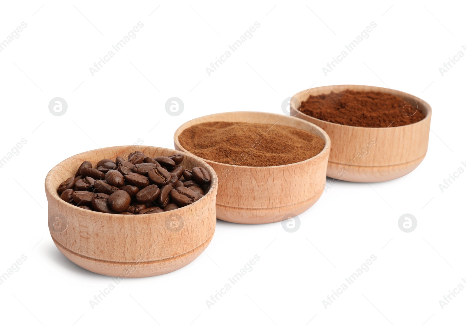 Photo of Bowls of beans, instant and ground coffee on white background